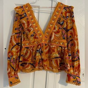 NWT Farm Rio Palms Party Yellow Ruffled Blouse- size medium